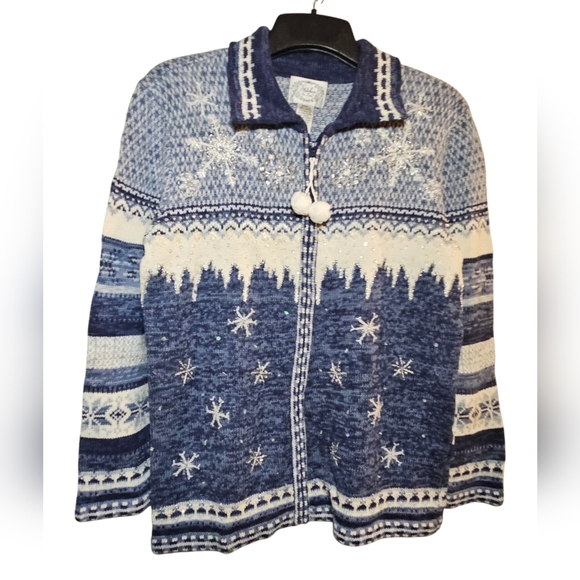 Snowflake Embellished Sequins Sweater Zip Cardigan Blue White Fairisle Winter - Picture 2 of 13